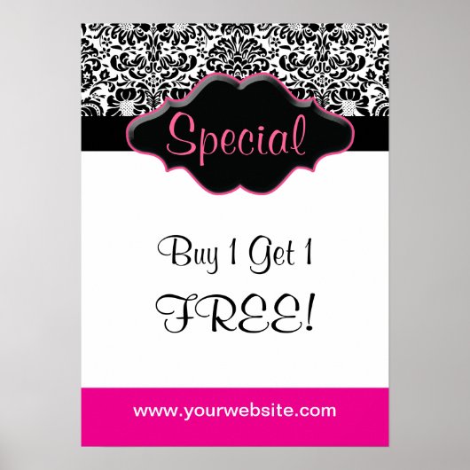 Floral Damask Poster Salon Black White Pink (Voorkant)