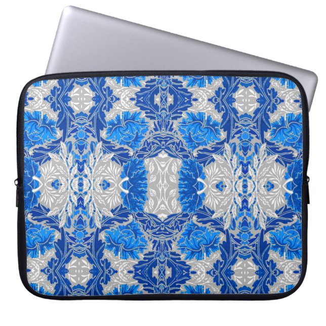 Floral Damask, Sapphire Blue en Grey Laptop Sleeve (Voorkant)