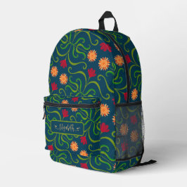 Floral Damask Sunflower Boho Navy Blue Folk Art Bedrukte Rugzak