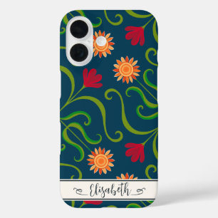 Floral Damask Sunflower Boho Navy Blue Folk Art iPhone 16 Hoesje
