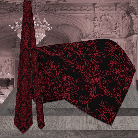 Floral Damask Wedding Black & Red Stropdas