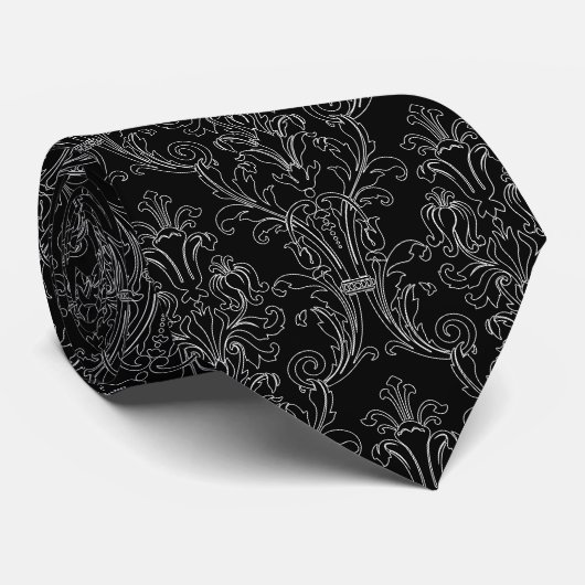 Floral Damask Wedding Black & White Stropdas (Opgerold)