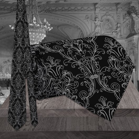Floral Damask Wedding Black & White Stropdas