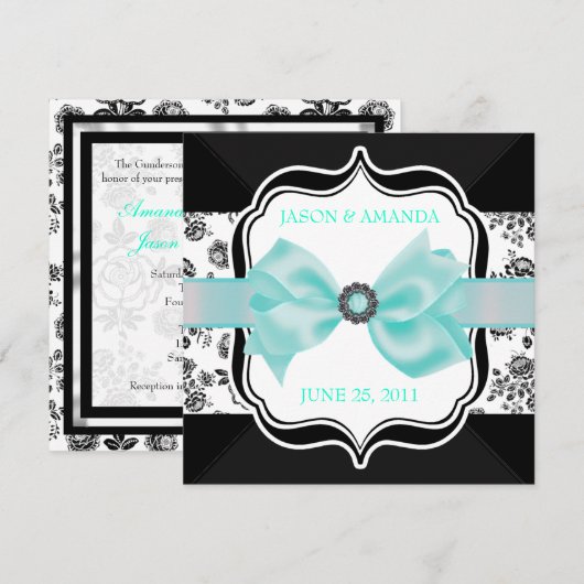 Floral Damask Wedding Invite met Bow Kaart (Voorkant / Achterkant)