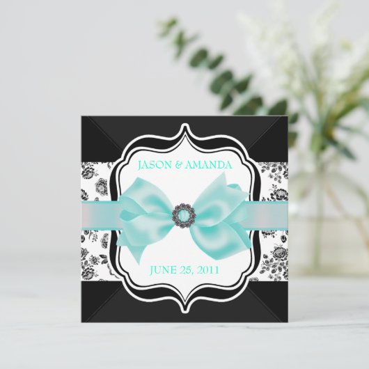 Floral Damask Wedding Invite met Bow Kaart (Staand voorkant)