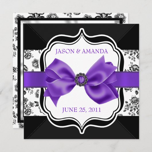 Floral Damask Wedding Invite met Bow Kaart (Voorkant / Achterkant)