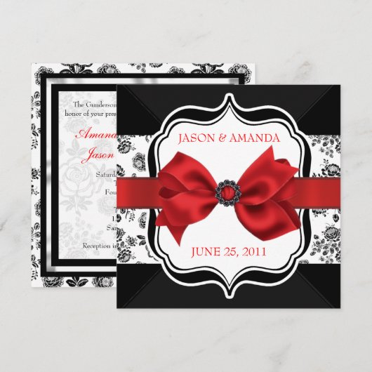 Floral Damask Wedding Invite met Bow Kaart (Voorkant / Achterkant)