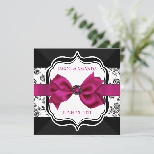 Floral Damask Wedding Invite met Bow Kaart (Staand voorkant)