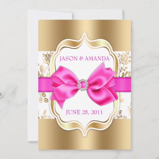 Floral Damask Wedding Invite w/Bow [Gold & Roze] Kaart (Voorkant)