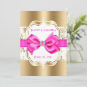 Floral Damask Wedding Invite w/Bow [Gold & Roze] Kaart (Staand voorkant)