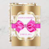 Floral Damask Wedding Invite w/Bow [Gold & Roze] Kaart (Voorkant / Achterkant)