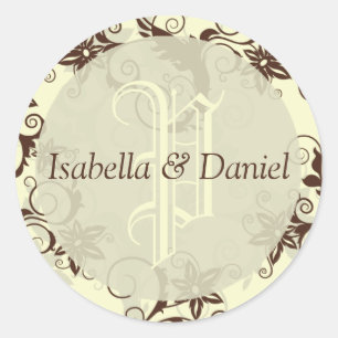 Floral Damask Wedding Monogram Names Custom Design Ronde Sticker