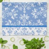 Floral Damask White Cornflower Blue met Border Theedoek (Gevouwen)