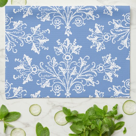  Floral Damask White en Cornflower Blue Theedoek (Gevouwen)