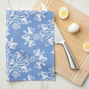  Floral Damask White en Cornflower Blue Theedoek