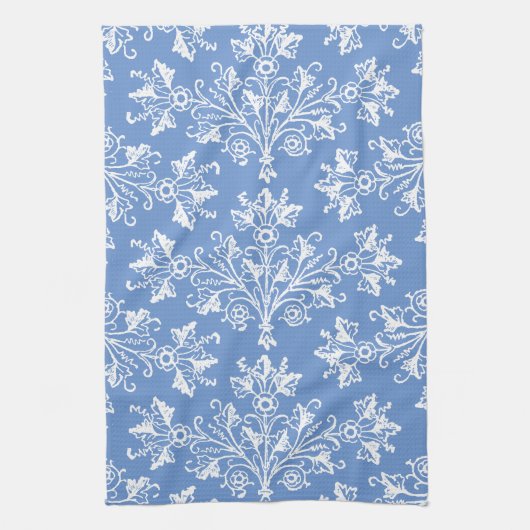  Floral Damask White en Cornflower Blue Theedoek (Verticaal)