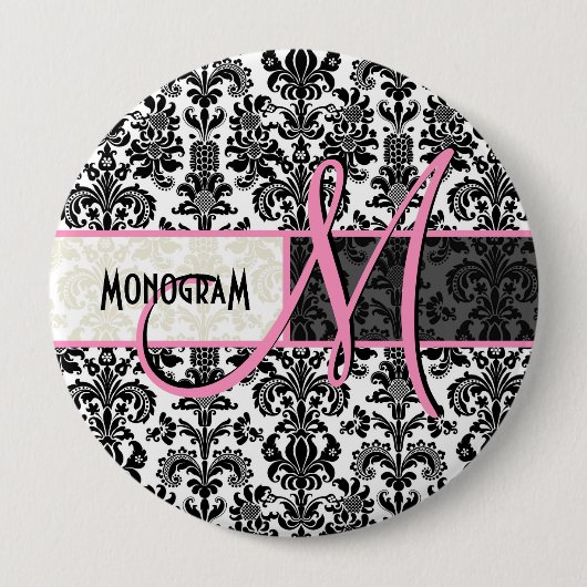 Floral Damaskers, zwart-wit, Ronde Button 4,0 Cm (Voorkant)