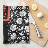 Floral Damaskers, zwart-wit,  Theedoek (Quarter Fold)