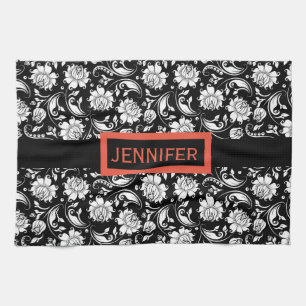 Floral Damaskers, zwart-wit,  Theedoek