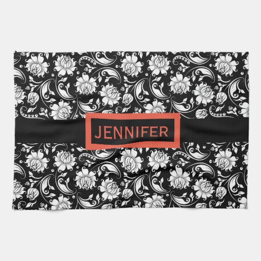 Floral Damaskers, zwart-wit,  Theedoek (Horizontaal)