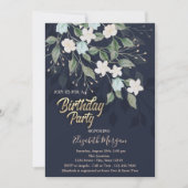 Floral Dark Blue Birthday Party Kaart (Voorkant)