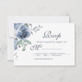 Floral Dark Blue Ivory Roos Wedding RSVP Kaartje