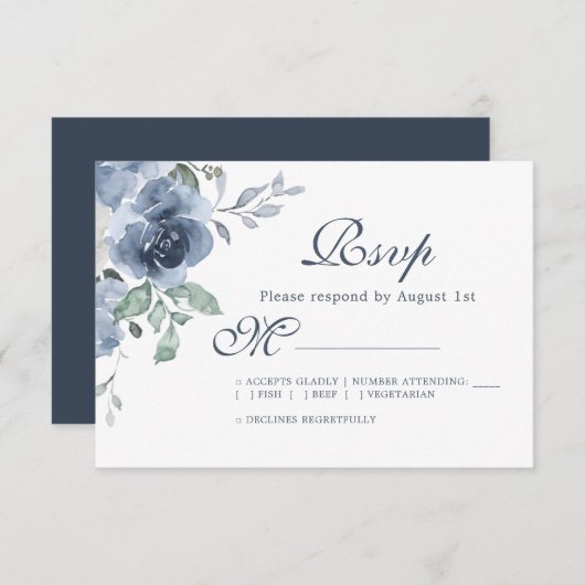 Floral Dark Blue Ivory Roos Wedding RSVP Kaartje (Voorkant / Achterkant)