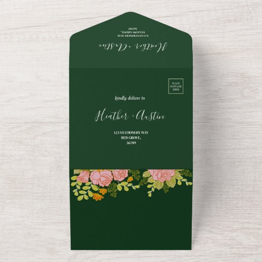 Floral Dark Green Wedding Botanic All In One Uitnodiging (Buitenkant)