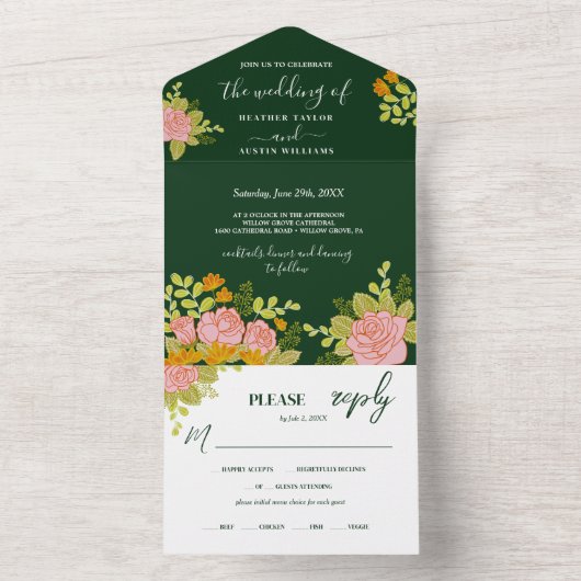 Floral Dark Green Wedding Botanic All In One Uitnodiging (Binnen)