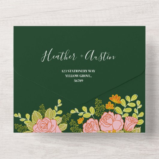 Floral Dark Green Wedding Botanic All In One Uitnodiging (Achterkant)