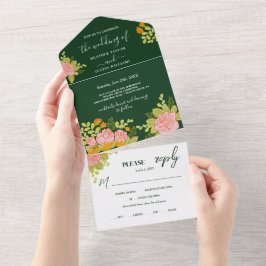 Floral Dark Green Wedding Botanic All In One Uitnodiging