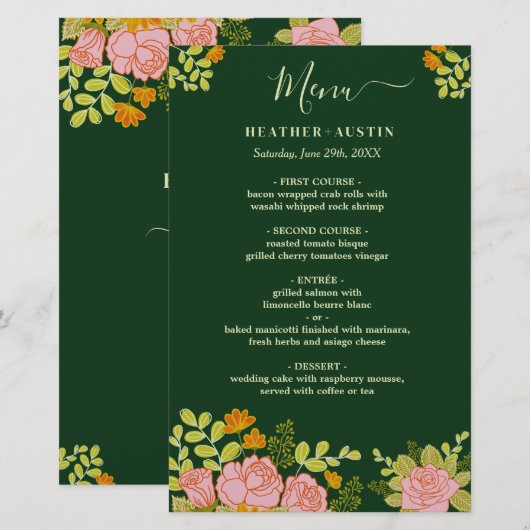 Floral Dark Green Wedding Botanic Decor Menu (Voorkant / Achterkant)