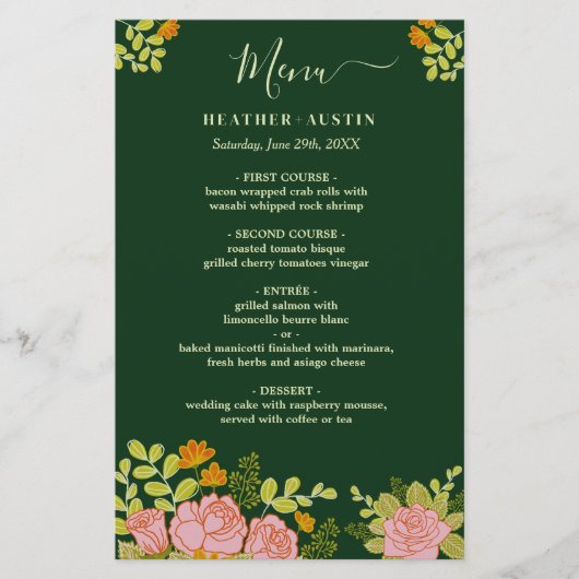 Floral Dark Green Wedding Botanic Decor Menu (Voorkant)