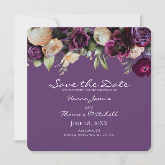  Floral Dark Lavender Paarse bruiloft Save The Date (Voorkant)