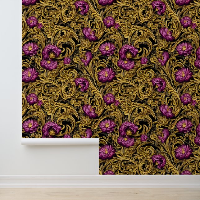Floral dark moody purple flower Byzantine pattern Behang (Applicatie)