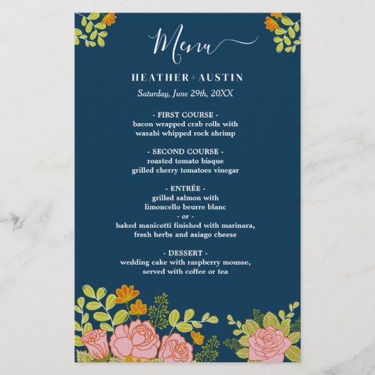Floral Dark Navy Blue Wedding Botanic Decor Menu (Voorkant)