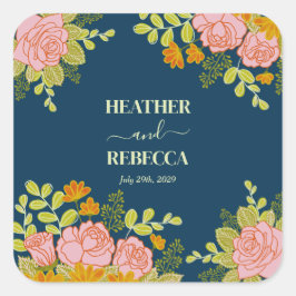Floral Dark Navy Blue Wedding Botanic Gift Vierkante Sticker