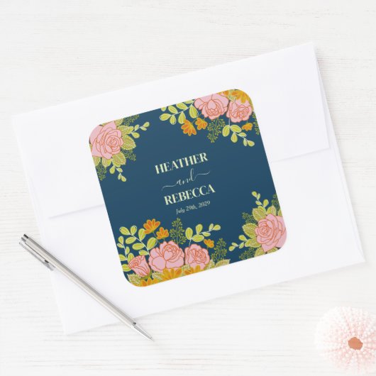 Floral Dark Navy Blue Wedding Botanic Gift Vierkante Sticker (Envelop)