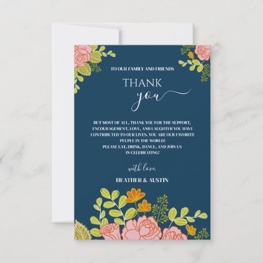 Floral Dark Navy Blue Wedding Botanic Hartelijk da Bedankkaart (Voorkant)