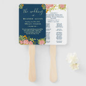 Floral Dark Navy Blue Wedding Botanic Programme Handwaaier (Voorkant en achterkant)