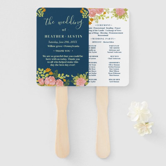 Floral Dark Navy Blue Wedding Botanic Programme Handwaaier (Voorkant en achterkant)