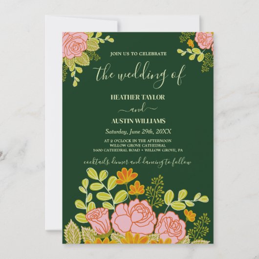 Floral Dark Navy Blue Wedding invitation Botanical Kaart (Voorkant)