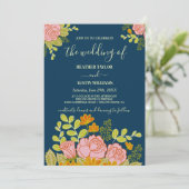 Floral Dark Navy Blue Wedding-uitnodiging Botanica Kaart (Staand voorkant)