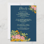Floral Dark Navy Blue Wedding-uitnodiging Botanica Kaart (Achterkant)