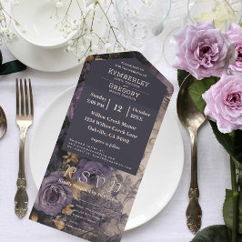 Floral Dark Plum Paarse Roos Gold Accent E-mail All In One Uitnodiging