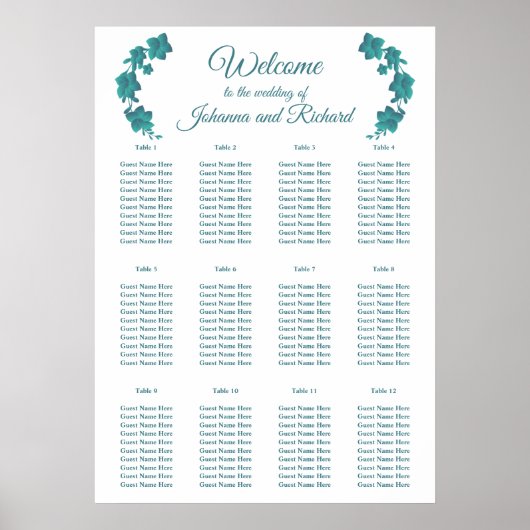 Floral dark turquoise Seating Charts Poster (Voorkant)