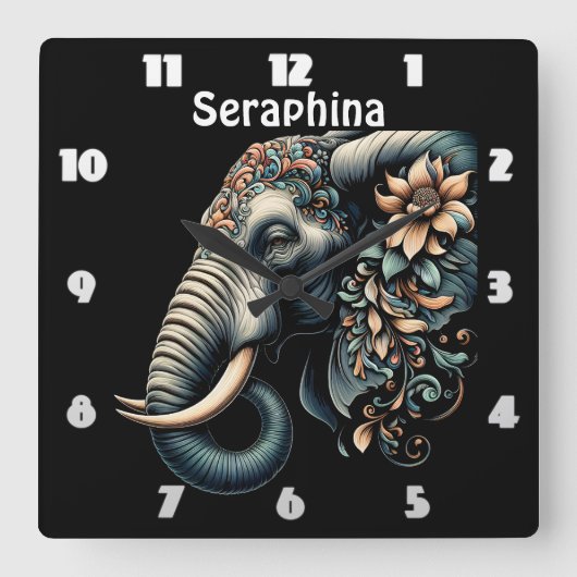 Floral dawn olifant kunst vierkante klok (Voorkant)