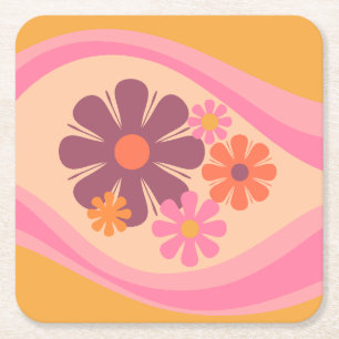 Floral DayDream Retro Flower Pattern Pink Oranje Kartonnen Onderzetters
