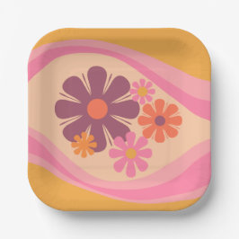 Floral DayDream Retro Flower Pattern Pink Oranje Papieren Bordje