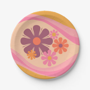 Floral DayDream Retro Flower Pattern Pink Oranje Papieren Bordje